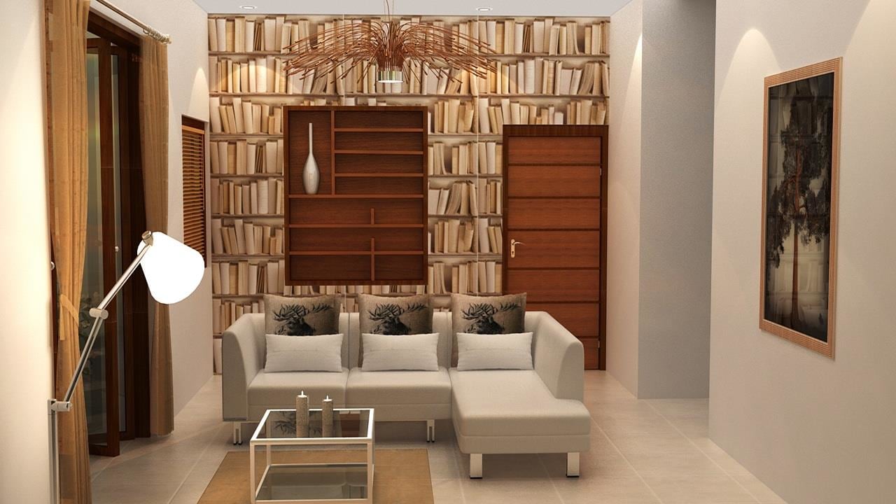Living Room With L- Shape Sofa And Wall Book Shelf by Shruti Sodhi Living-room Contemporary | Interior Design Photos & Ideas