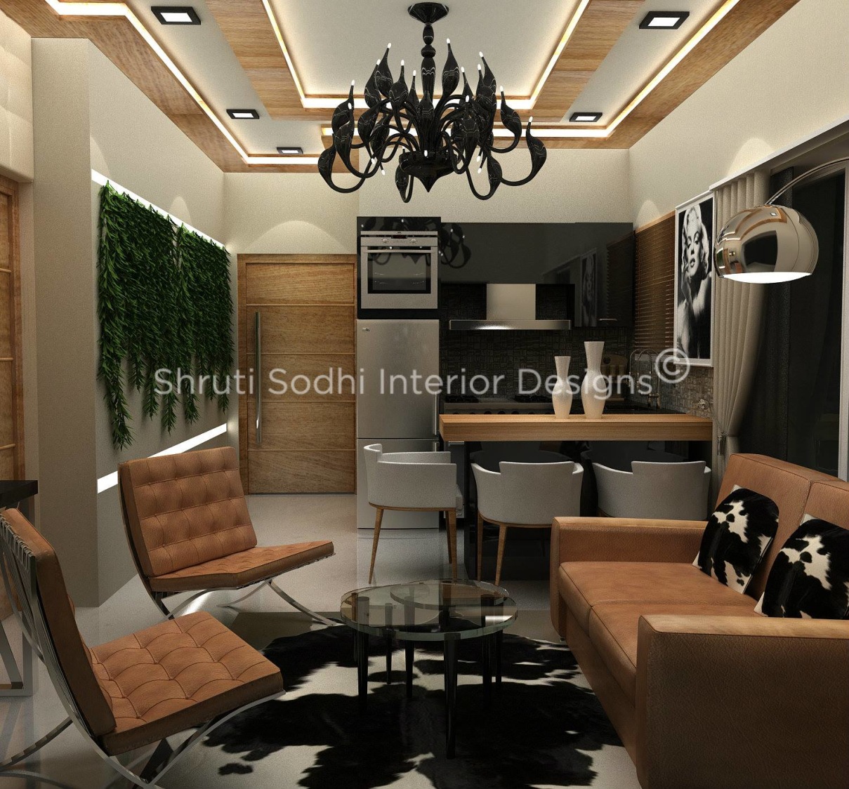 Warm And Cozy Living Room With Designer False Ceiling And Chandelier by Shruti Sodhi Living-room Modern | Interior Design Photos & Ideas