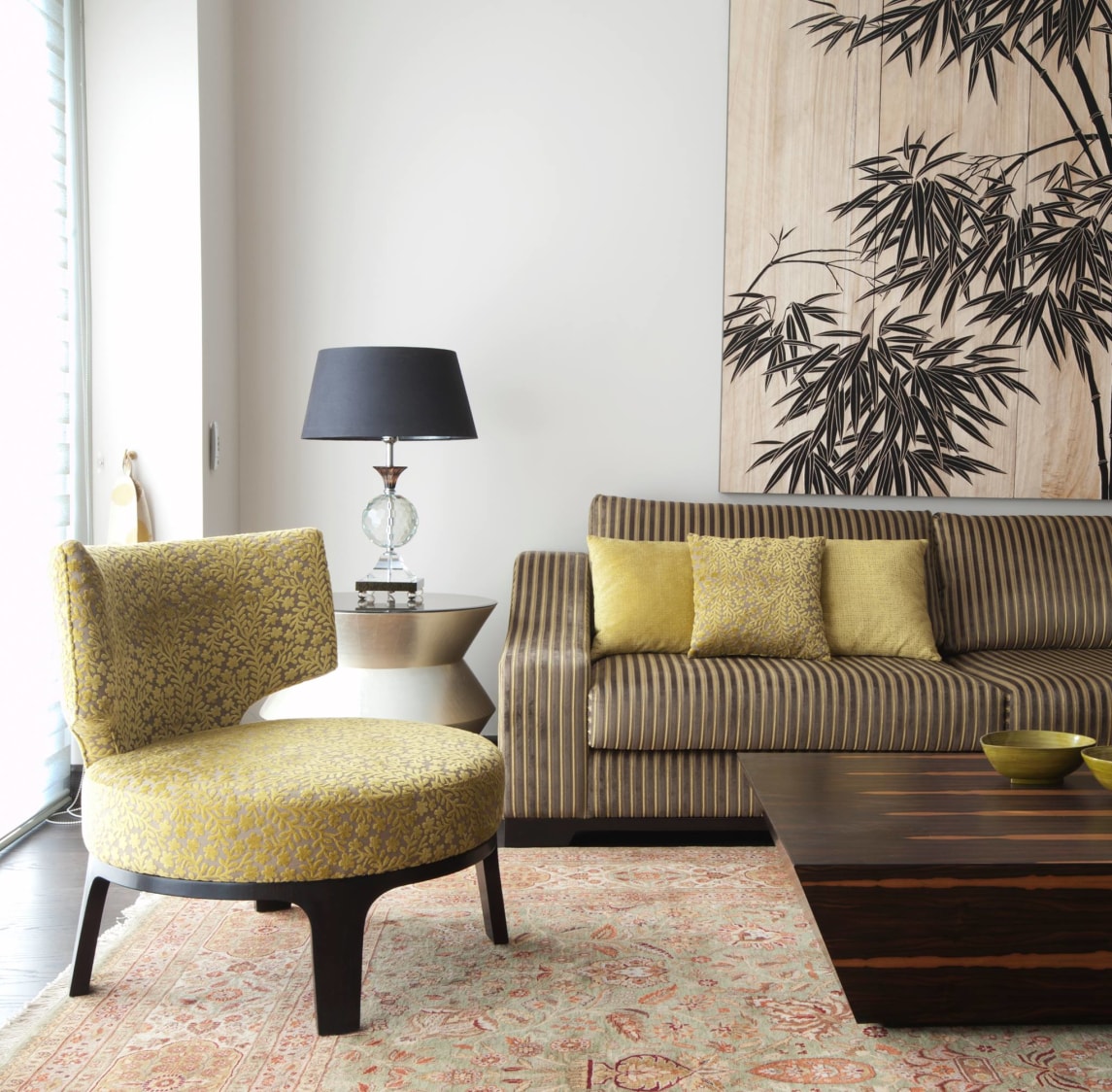 Sophisticated Living Area with Brown Soda and Cushioned Chair by Mayank Manchanda Living-room Contemporary | Interior Design Photos & Ideas