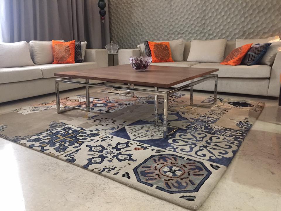 Living Area with Wooden Top Table and patterned Center Rug by Mayank Manchanda Living-room Contemporary | Interior Design Photos & Ideas