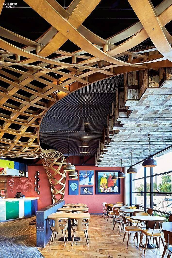 Restaurant With Artistic Wooden False Ceiling by Gestalt Interior Modern | Interior Design Photos & Ideas