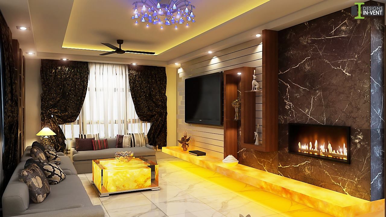 Grey Sectional Sofa And Golden Table by Sudipta Das Living-room Modern | Interior Design Photos & Ideas