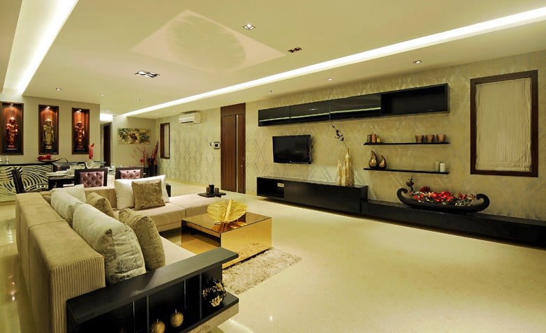 Spacious Living Room With Marble Flooring And Sectional Sofa by Jeetan Ranpura Living-room Contemporary | Interior Design Photos & Ideas