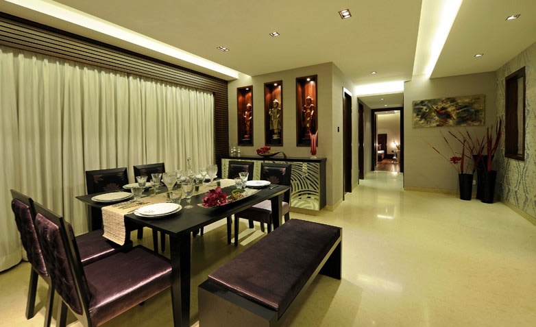 Wooden Sleek Dining Table And Marble Flooring In Dining Room by Jeetan Ranpura Dining-room Contemporary | Interior Design Photos & Ideas