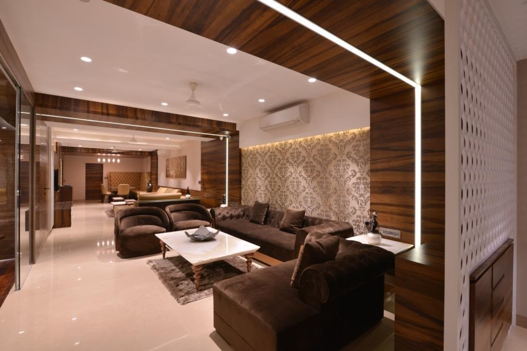 Spacious Living Room With Brown Bulky Sofas by Jeetan Ranpura Living-room Contemporary | Interior Design Photos & Ideas