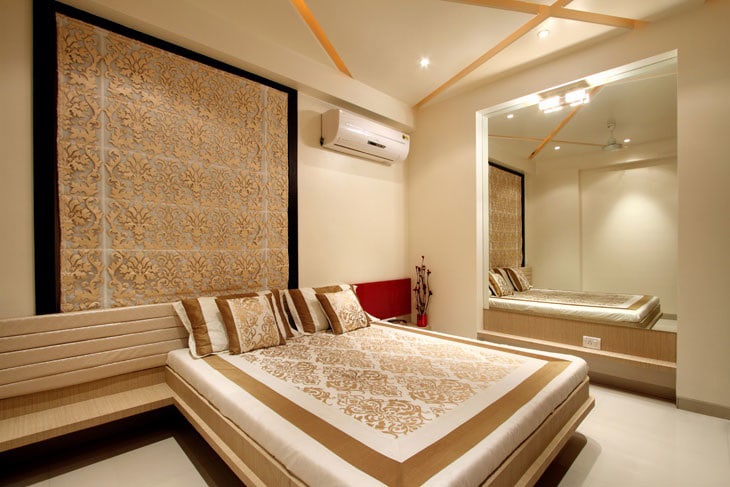 Wooden Built In Bed And Intricate Golden Work by Deepti Srivastava Bedroom Modern | Interior Design Photos & Ideas
