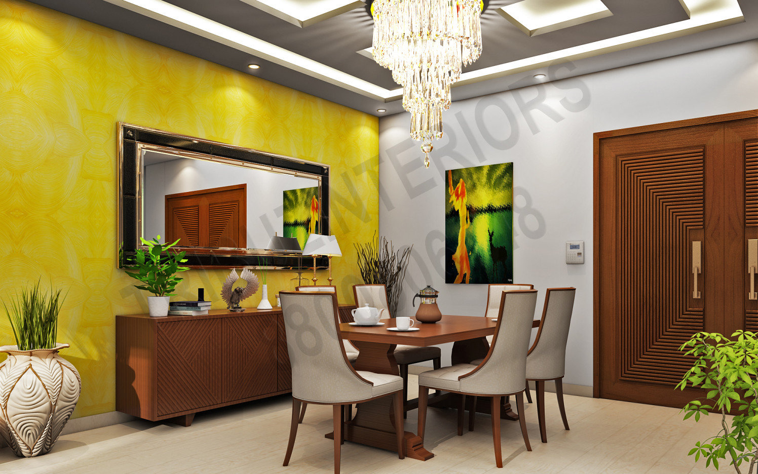Compact Dining Room With Wooden Furniture And Designer Wall Art by Tribuz Interiors Pvt. Ltd. Dining-room Modern | Interior Design Photos & Ideas