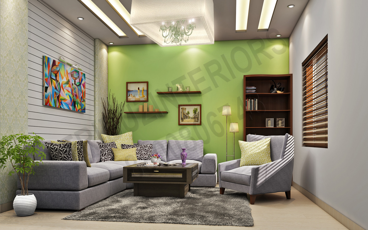 Living Room With Grey Fabric Sofa And Wooden Selves by Tribuz Interiors Pvt. Ltd. Living-room Modern | Interior Design Photos & Ideas