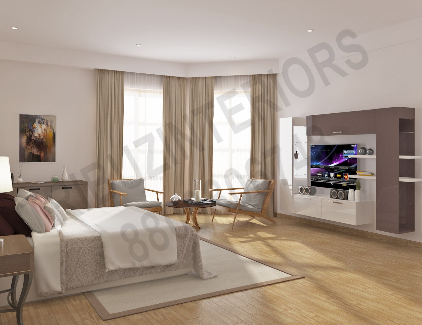 White Theme Bedroom With Wooden floor And TV Unit by Tribuz Interiors Pvt. Ltd. Bedroom Modern | Interior Design Photos & Ideas
