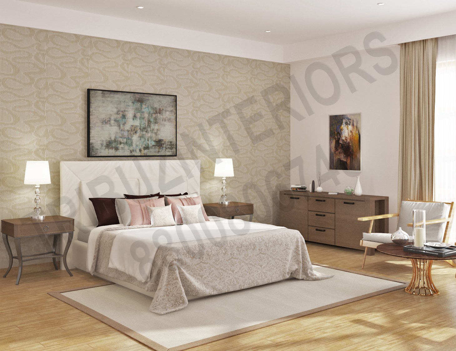 Cream Color Bedroom With Wooden Display Unit And Designer Wall Art by Tribuz Interiors Pvt. Ltd. Bedroom Modern | Interior Design Photos & Ideas