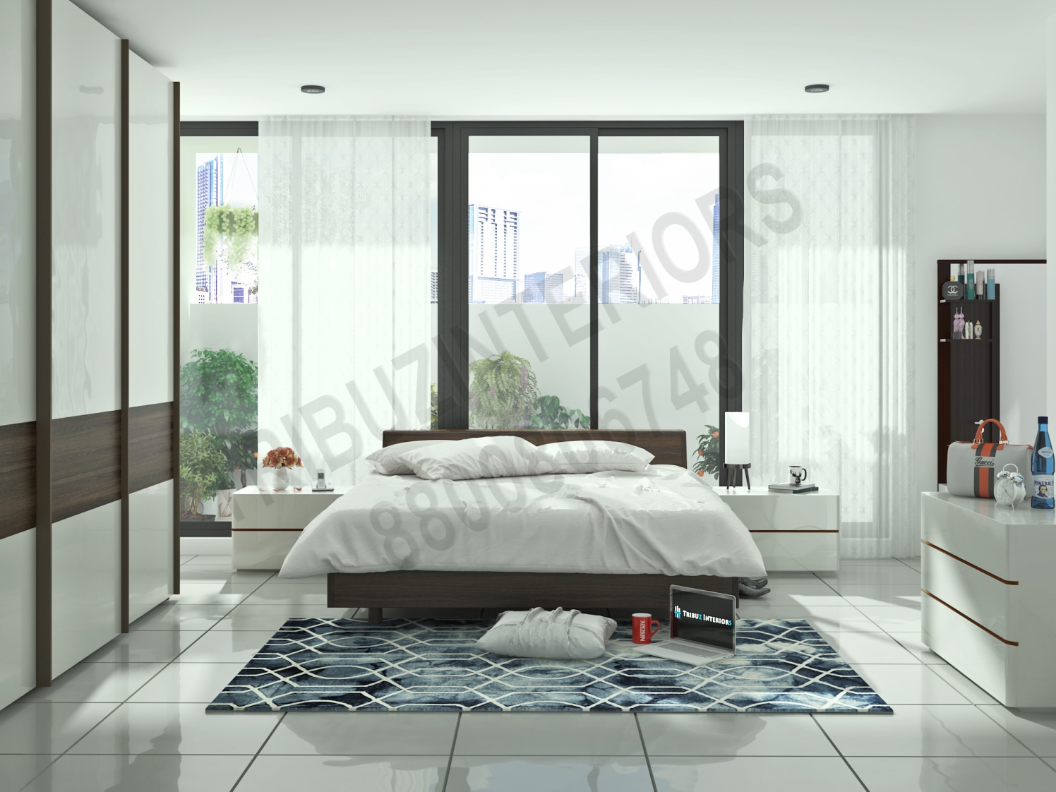 Cool White Theme Bedroom With Outside View And Marble FLooring by Tribuz Interiors Pvt. Ltd. Bedroom Modern | Interior Design Photos & Ideas