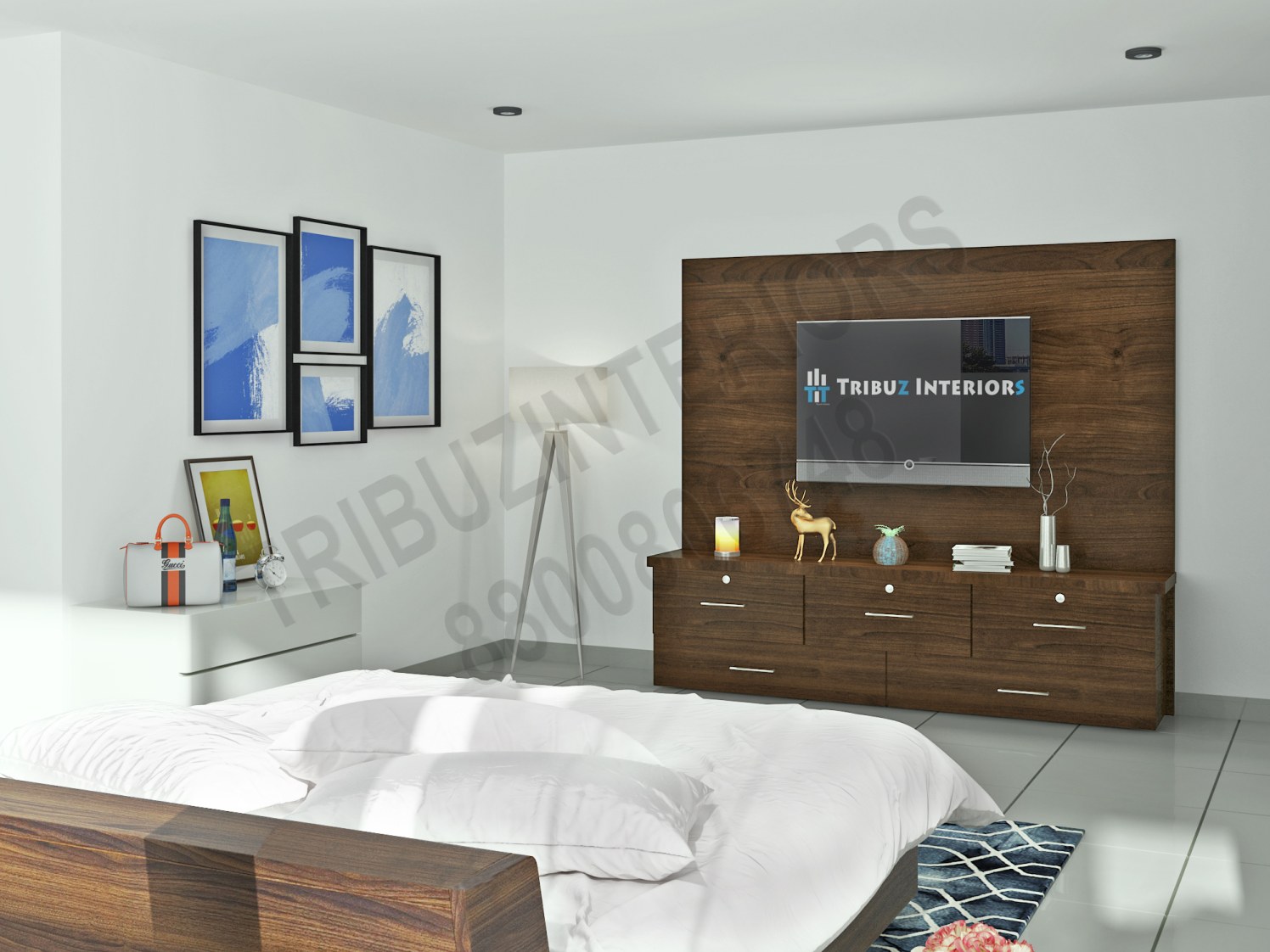 Bedroom With Wooden TV unit And Wall Decor by Tribuz Interiors Pvt. Ltd. Bedroom Modern | Interior Design Photos & Ideas