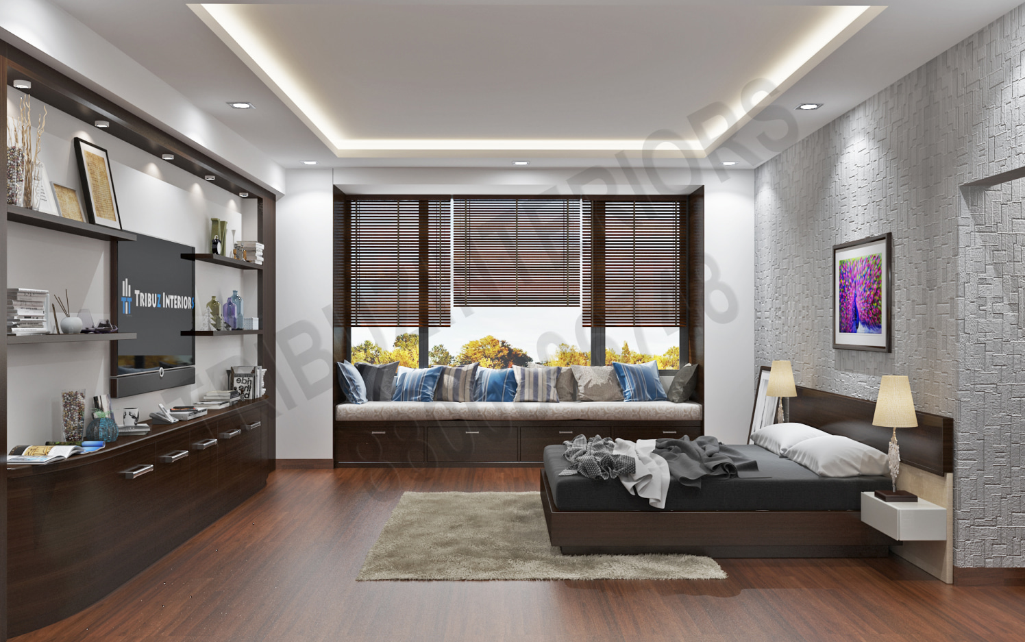 Bedroom With Designer Wall Art And Wooden Floor by Tribuz Interiors Pvt. Ltd. Bedroom Modern | Interior Design Photos & Ideas