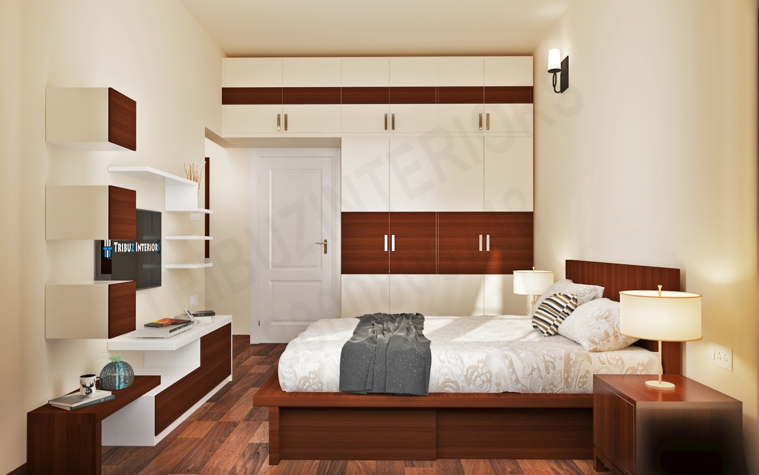 Coffee and Cream Combo Bedroom With Wardrobe And TV Unit by Tribuz Interiors Pvt. Ltd. Bedroom Modern | Interior Design Photos & Ideas