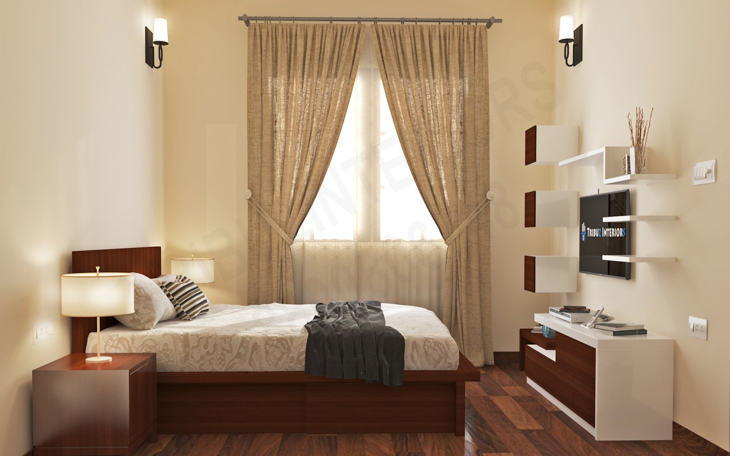 Coffee And Cream Combo Bedroom With Wooden Bed And TV Unit by Tribuz Interiors Pvt. Ltd. Bedroom Modern | Interior Design Photos & Ideas