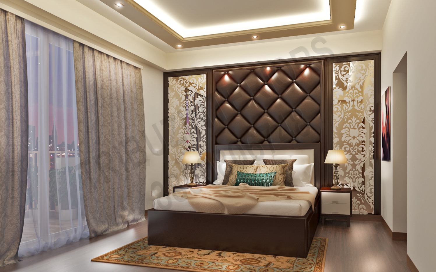 Luxurious Master Bedroom With Wooden Bed And Designer Wall Art by Tribuz Interiors Pvt. Ltd. Bedroom Contemporary | Interior Design Photos & Ideas