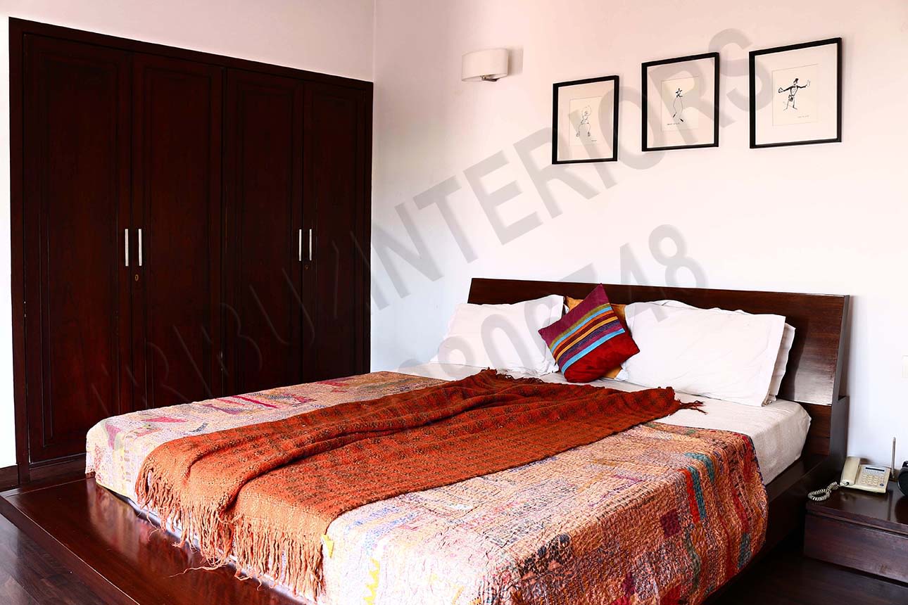 Bedroom With Rustic Color Wooden Bed And Wardrobe by Tribuz Interiors Pvt. Ltd. Bedroom Contemporary | Interior Design Photos & Ideas