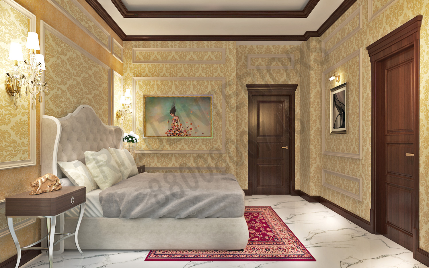 Comfortable Luxury Bedroom With Wall Art And Marble Floor by Tribuz Interiors Pvt. Ltd. Bedroom Vintage | Interior Design Photos & Ideas