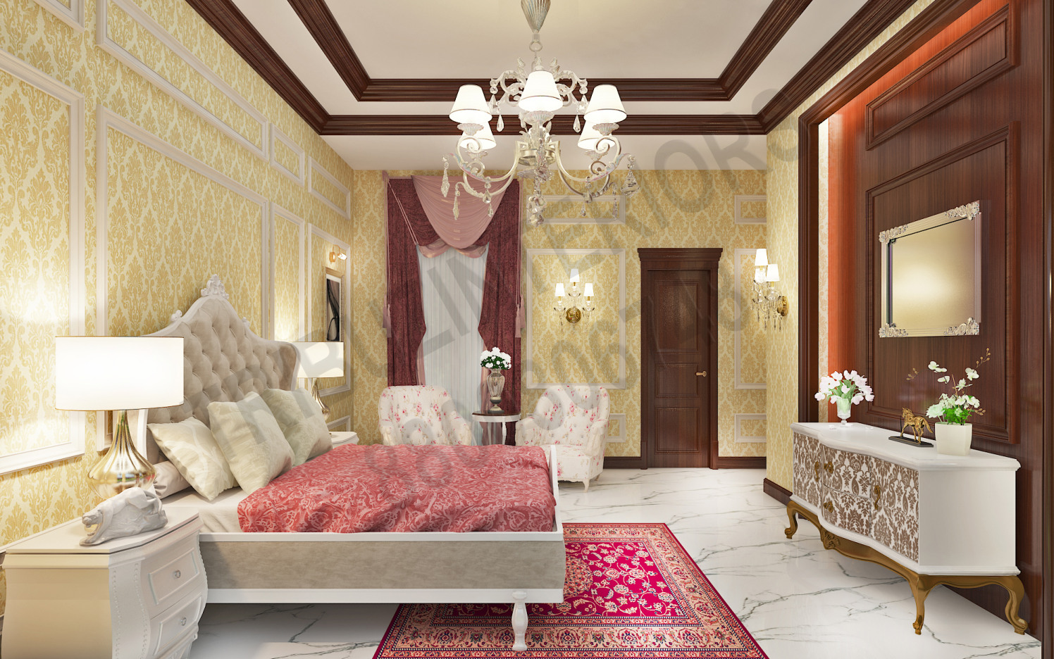 Comfortable Luxury Bedroom With Display Unit And Wooden Wall IN Background by Tribuz Interiors Pvt. Ltd. Bedroom Vintage | Interior Design Photos & Ideas