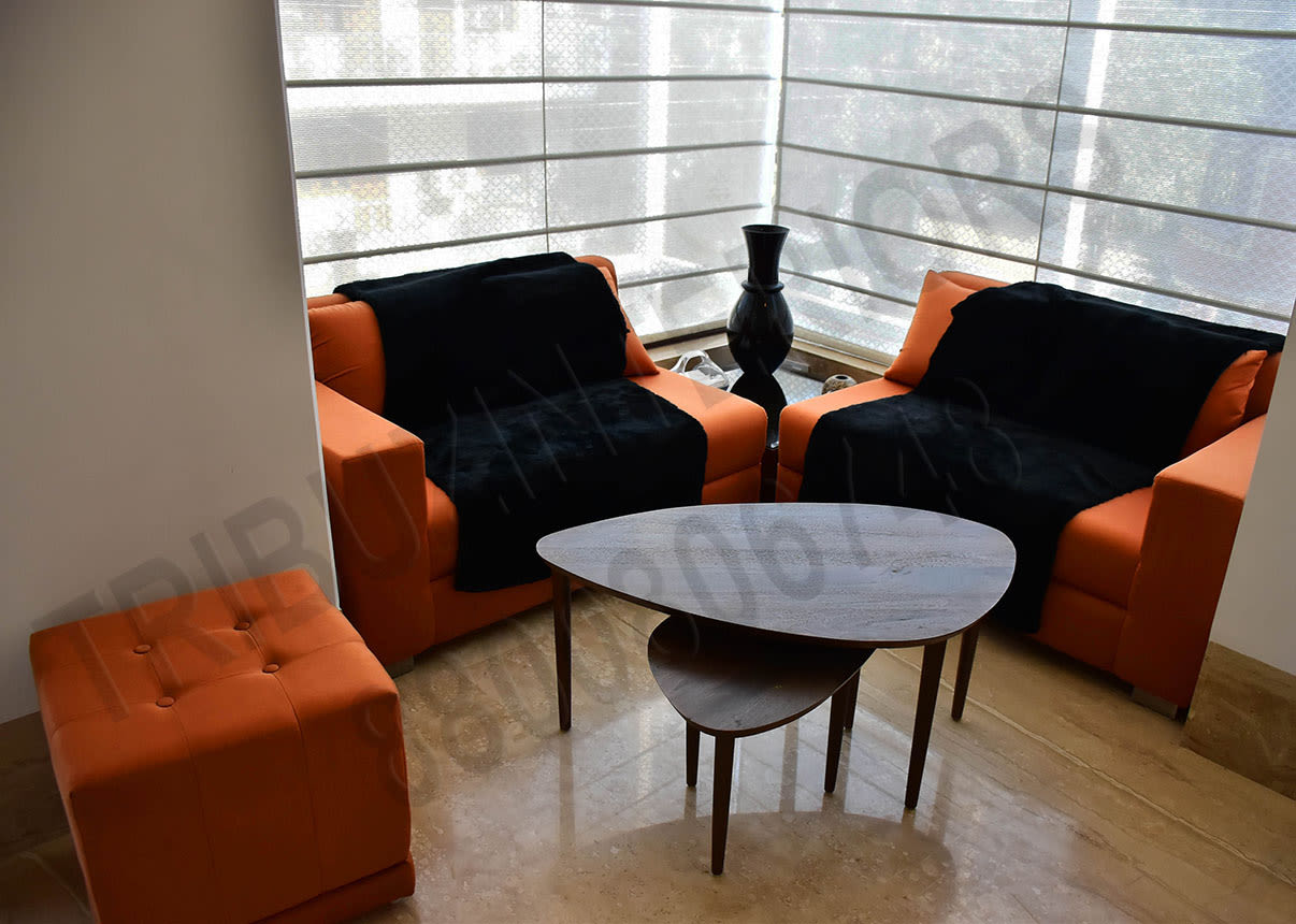 Small And Cozy Living Room With Orange Sofa Set And Designer Centre Table by Tribuz Interiors Pvt. Ltd. Living-room Contemporary | Interior Design Photos & Ideas