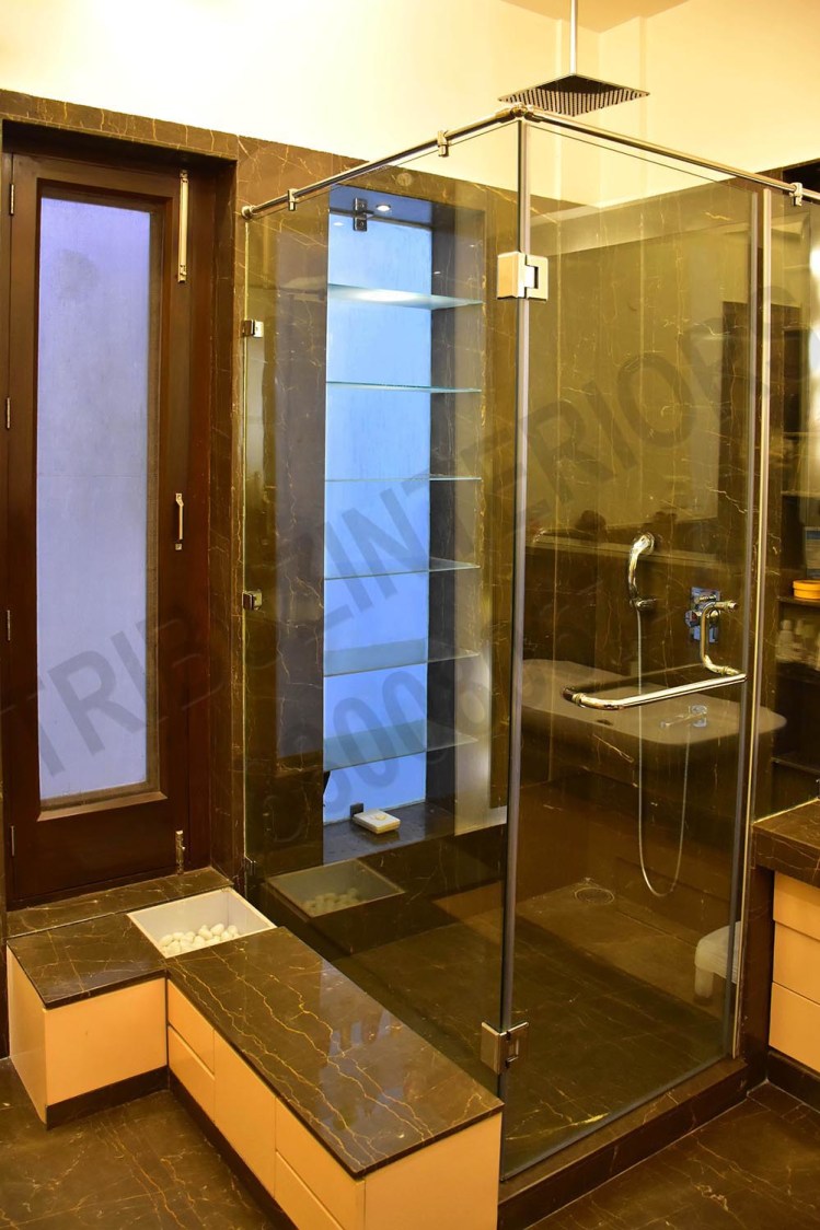 Bathroom Designed With Marble Floor And Glass Shower Stall by Tribuz Interiors Pvt. Ltd. Bathroom Modern | Interior Design Photos & Ideas