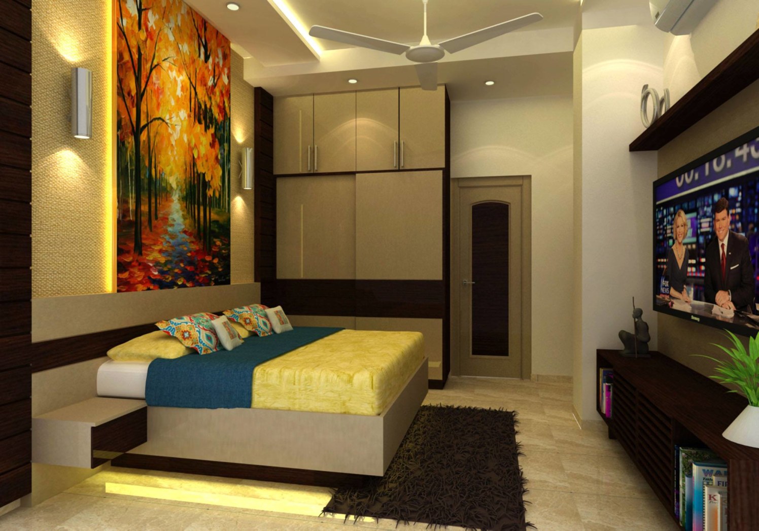 Beige Wooden Bed And Cupboard With Wall Lighting by Anjali Raghav Bedroom Contemporary | Interior Design Photos & Ideas