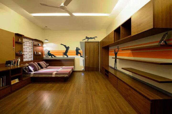 Wooden design bedroom with wall decor and modern display unit by Milind Kapadia Bedroom Modern | Interior Design Photos & Ideas