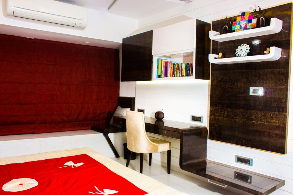Brown And White Study Area With Velvet Chair by VERSATILE INTERIORS Bedroom Modern | Interior Design Photos & Ideas