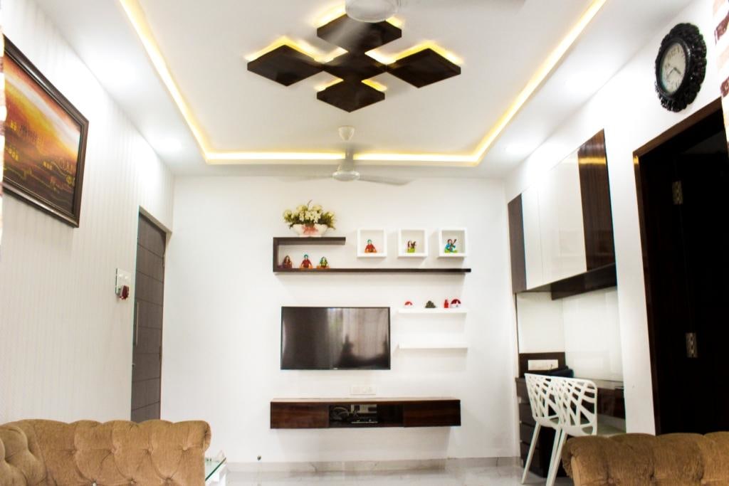 Black And White False Ceiling In Modern Living Room by VERSATILE INTERIORS Living-room Contemporary | Interior Design Photos & Ideas