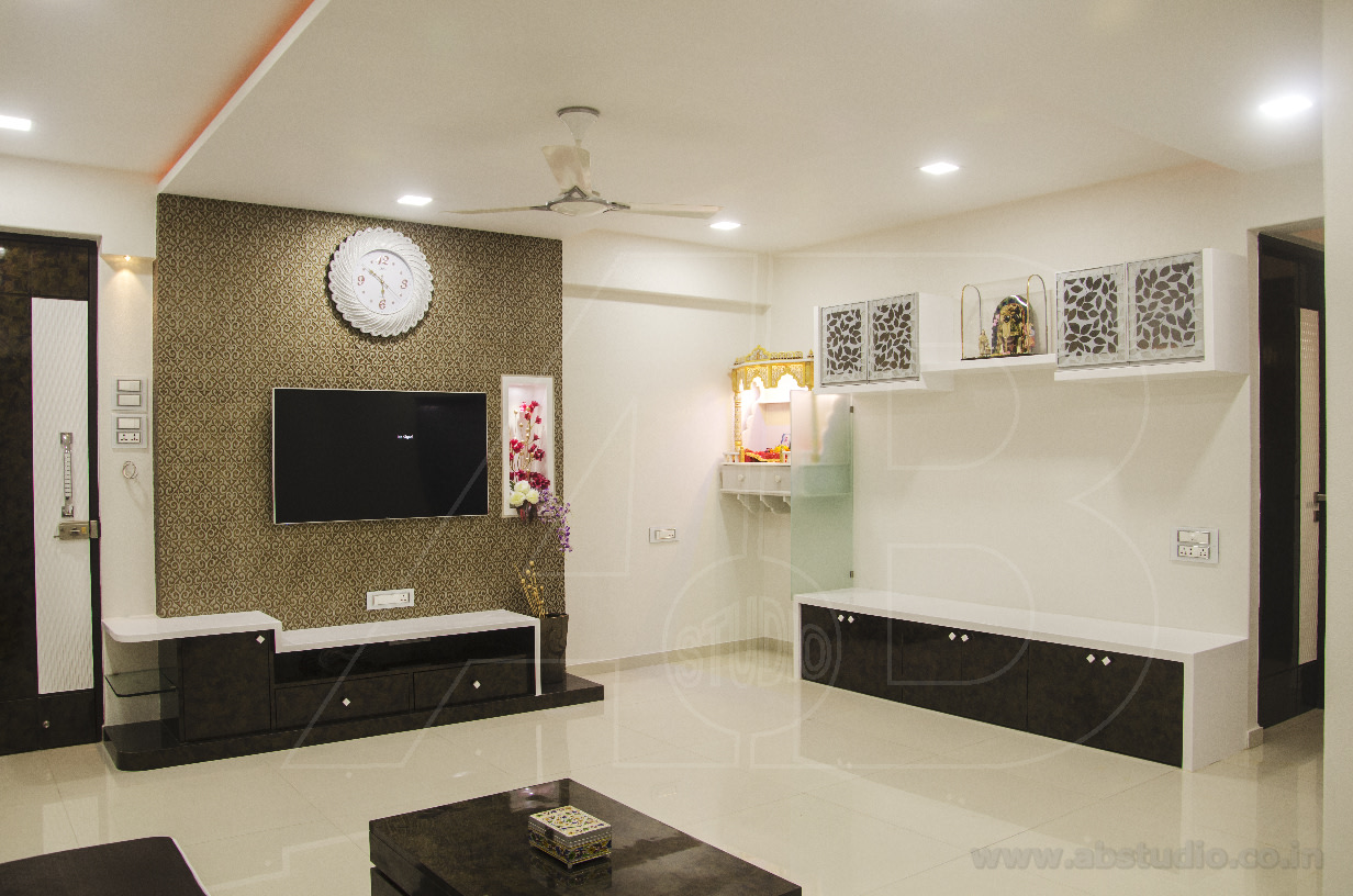 Monochromatic Perfection of living room with White solid top Credenza and False ceiling by Ankit Gandhi Living-room Contemporary | Interior Design Photos & Ideas