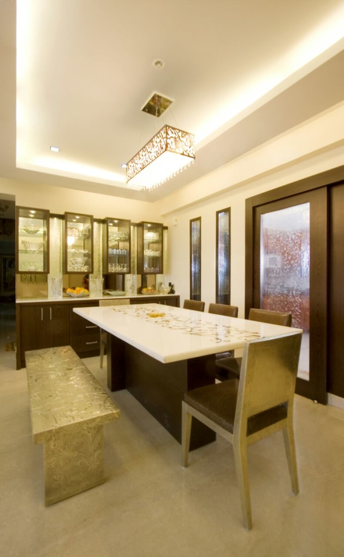 Traditional Dining Area With Modern Chairs And False Ceiling by Yogendra Garg Dining-room Modern | Interior Design Photos & Ideas