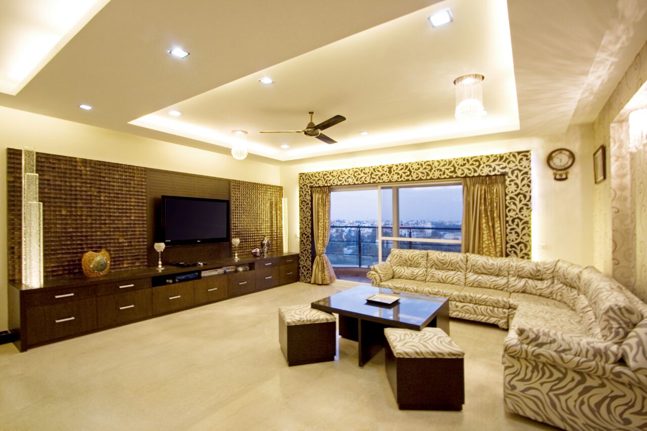 Patterned Sofa Set With Designer Walls In A Living Room by Yogendra Garg Living-room Contemporary | Interior Design Photos & Ideas
