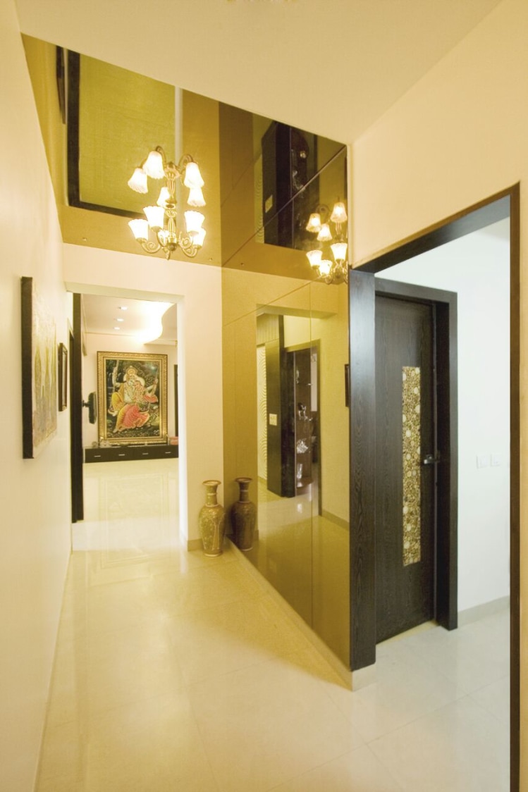 Gold Lamp Chandelier In this Glittering Narrow Hallway by Yogendra Garg Indoor-spaces Contemporary | Interior Design Photos & Ideas
