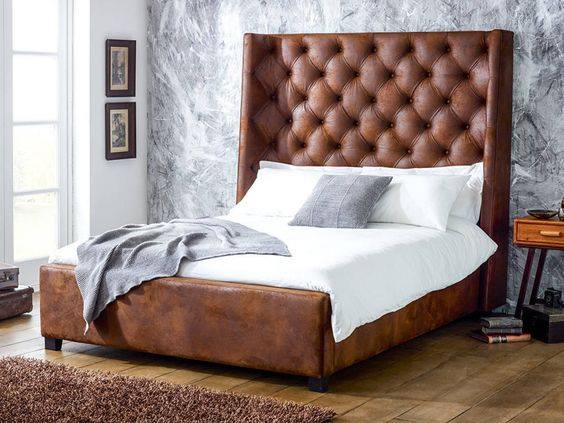 Brown Leather Upholstered Bed and Wooden Vinyl Floor by Manvi Jain Bedroom Modern | Interior Design Photos & Ideas