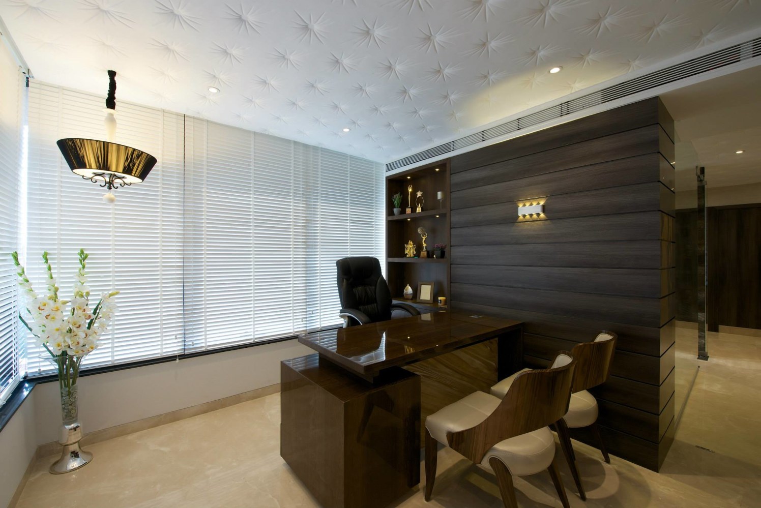 Cellular office with wooden desk and chair with false ceiling by Rohit Gir Contemporary | Interior Design Photos & Ideas