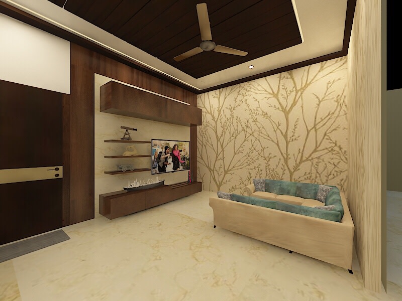3D model of a wood themed living room with beige U shaped sectional sofa, hardwood entertainment center and a wooden paneled fake ceiling by Chaitanya Challa Living-room Modern | Interior Design Photos & Ideas