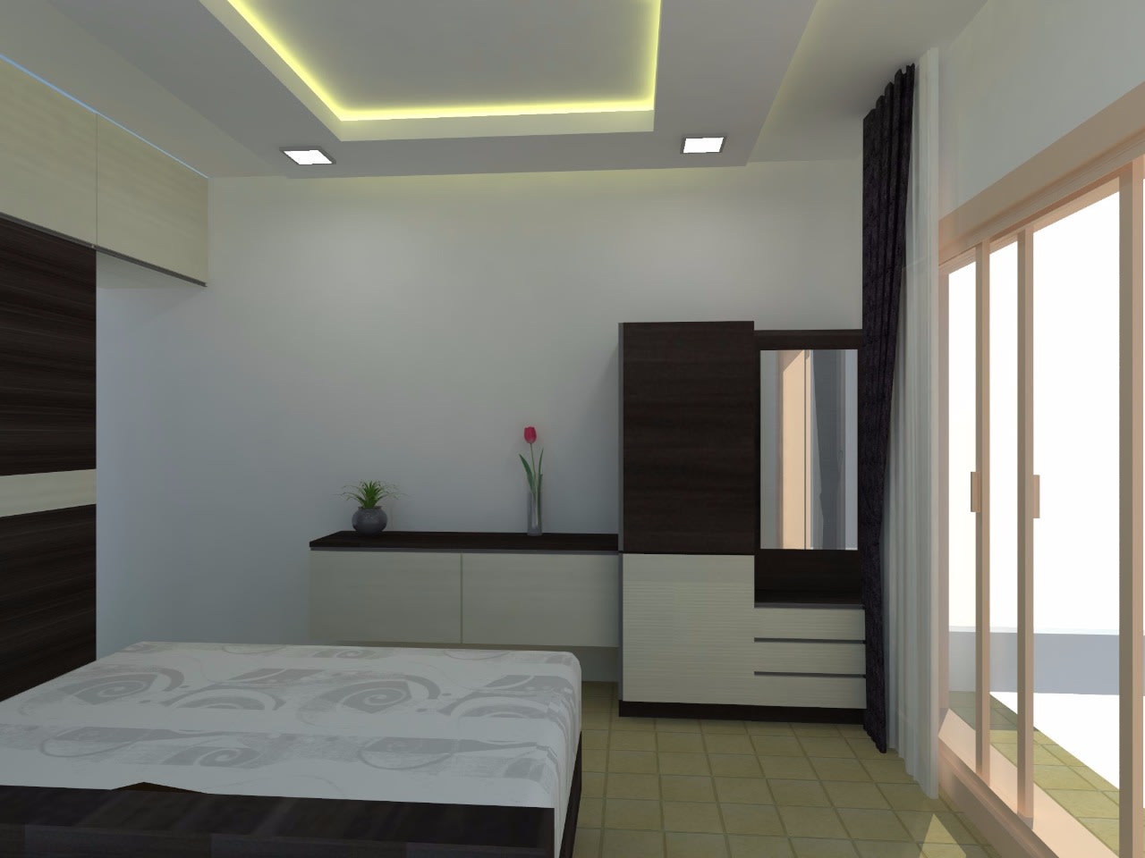 Bedroom with marble flooring and false cediling by Richa Jindal Bedroom Minimalistic | Interior Design Photos & Ideas