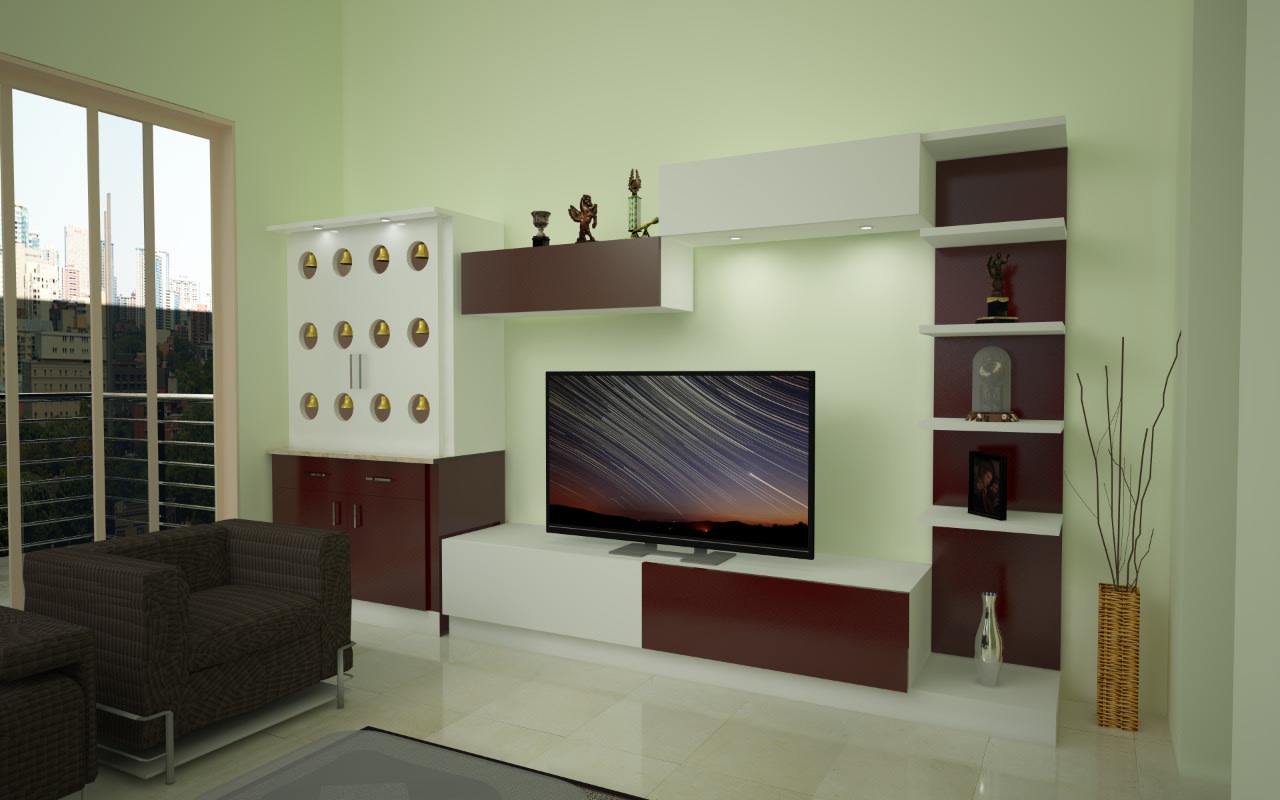 Living space with modern display unit tv unit and brown sofa by Richa Jindal Living-room Minimalistic | Interior Design Photos & Ideas