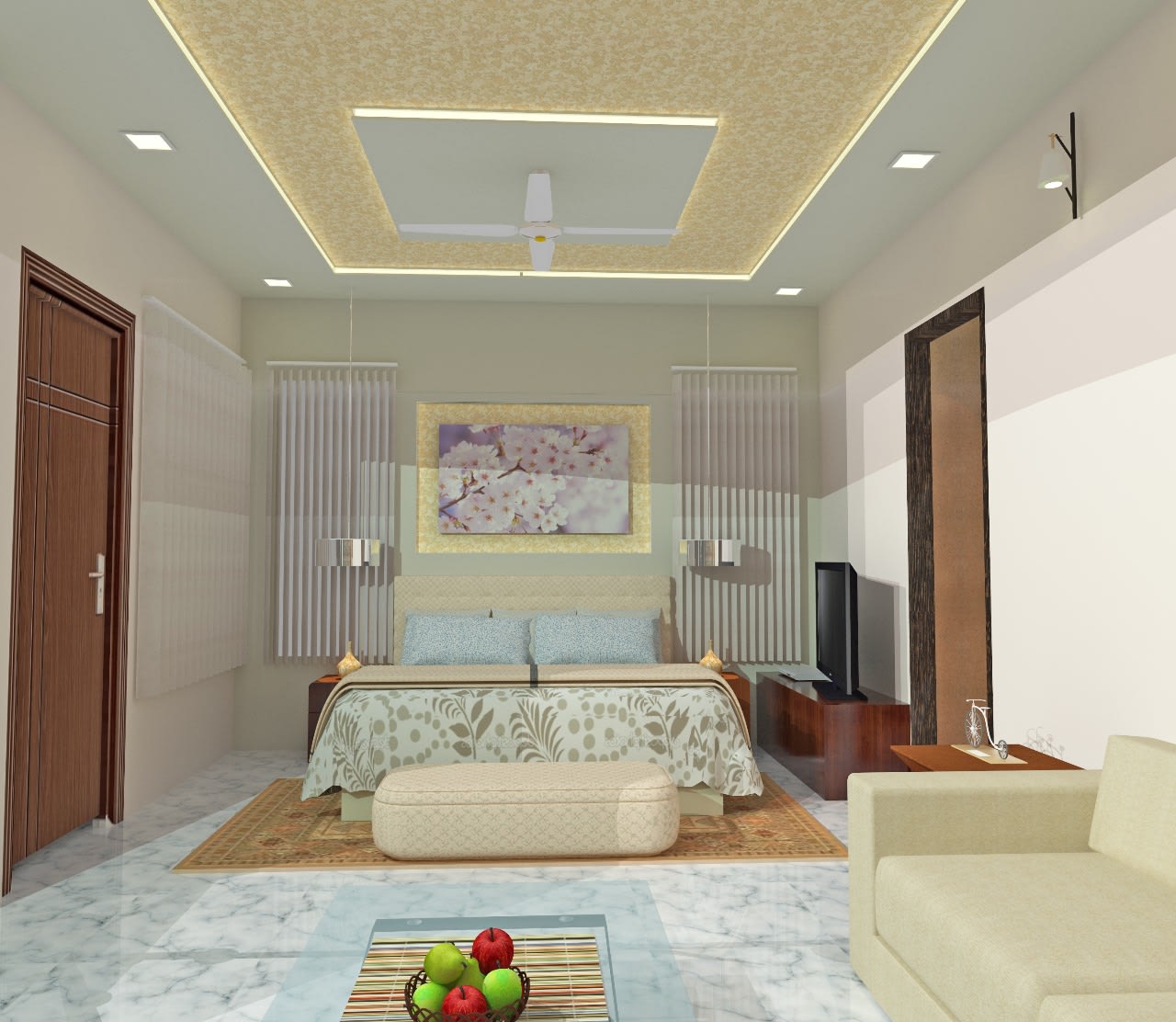 Design of a white themed bedroom with false ceiling and king sized bed by Mohammed Nazim Bedroom Contemporary | Interior Design Photos & Ideas