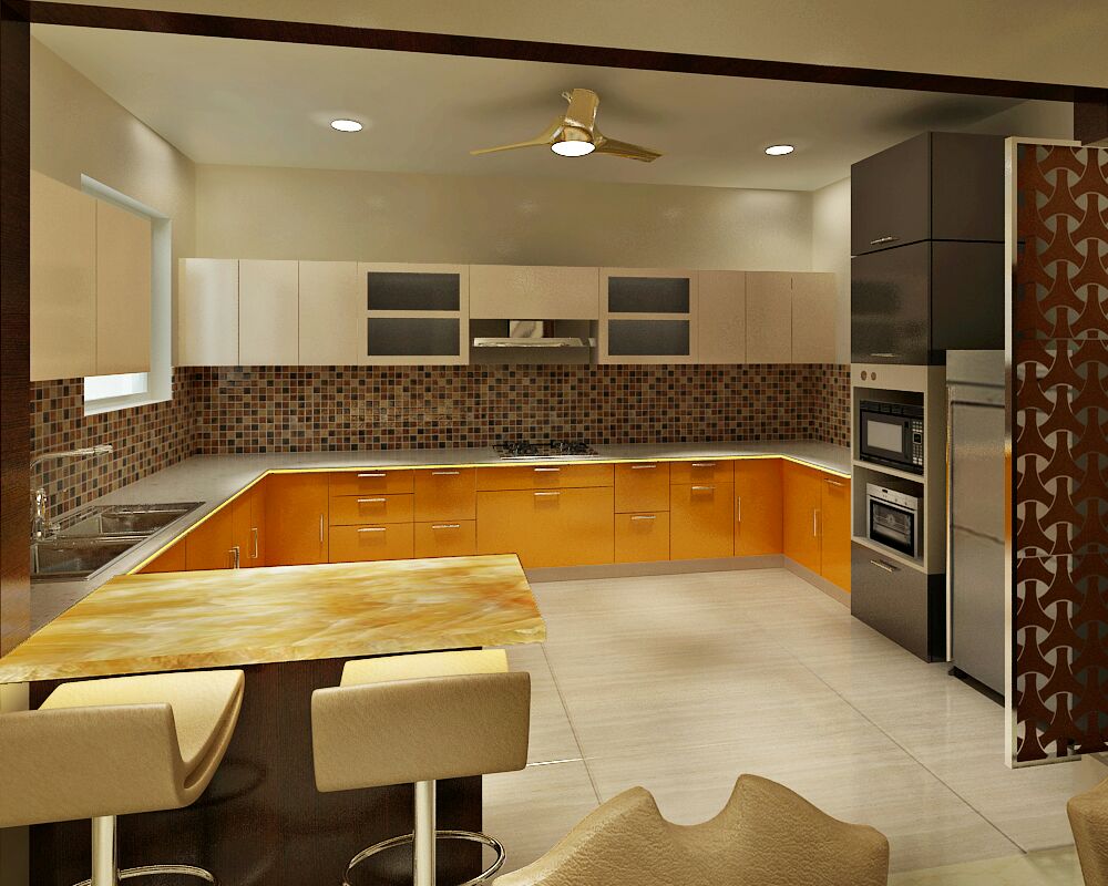 Open Kitchen with bar stools by Jaideep Mandal Modular-kitchen Modern | Interior Design Photos & Ideas