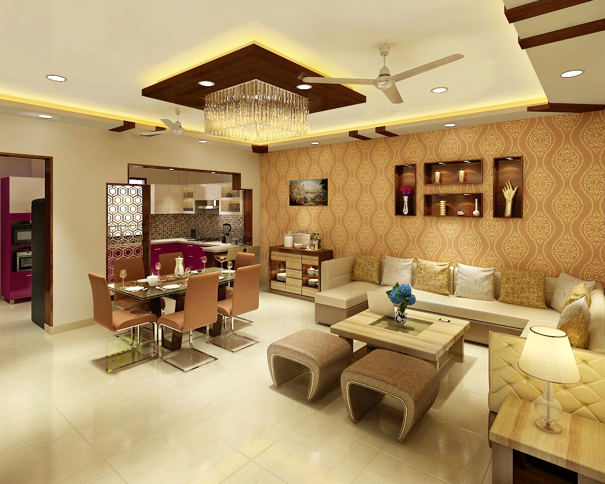 Living room with dining and kitchen view by Jaideep Mandal Living-room Contemporary | Interior Design Photos & Ideas