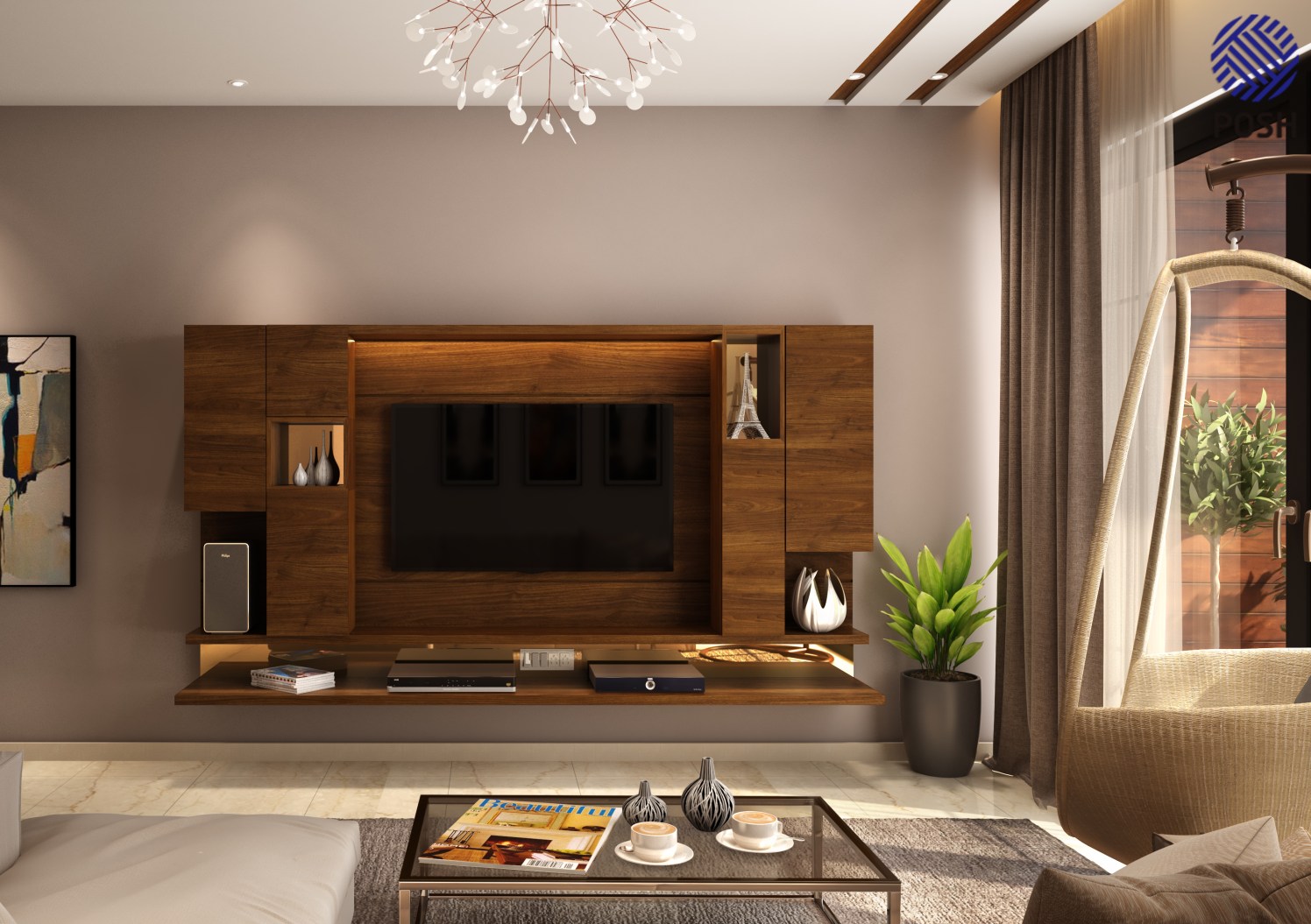 Contemporary living room with wooden tv cabinet by Priyanka Rai Living-room Contemporary | Interior Design Photos & Ideas