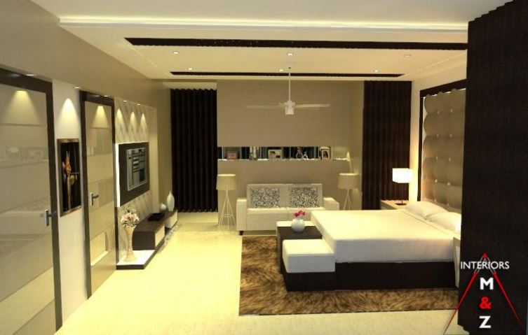 Bedroom with abstract wall design and false ceiling by Zubairul Haque Bedroom Contemporary | Interior Design Photos & Ideas