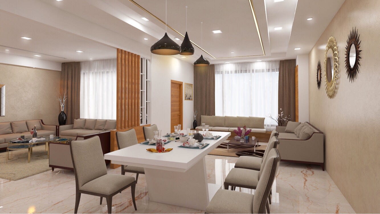 Dining Room With beige Cushioned Chair And White Centre Table by Rimpy Shah Dining-room Contemporary | Interior Design Photos & Ideas