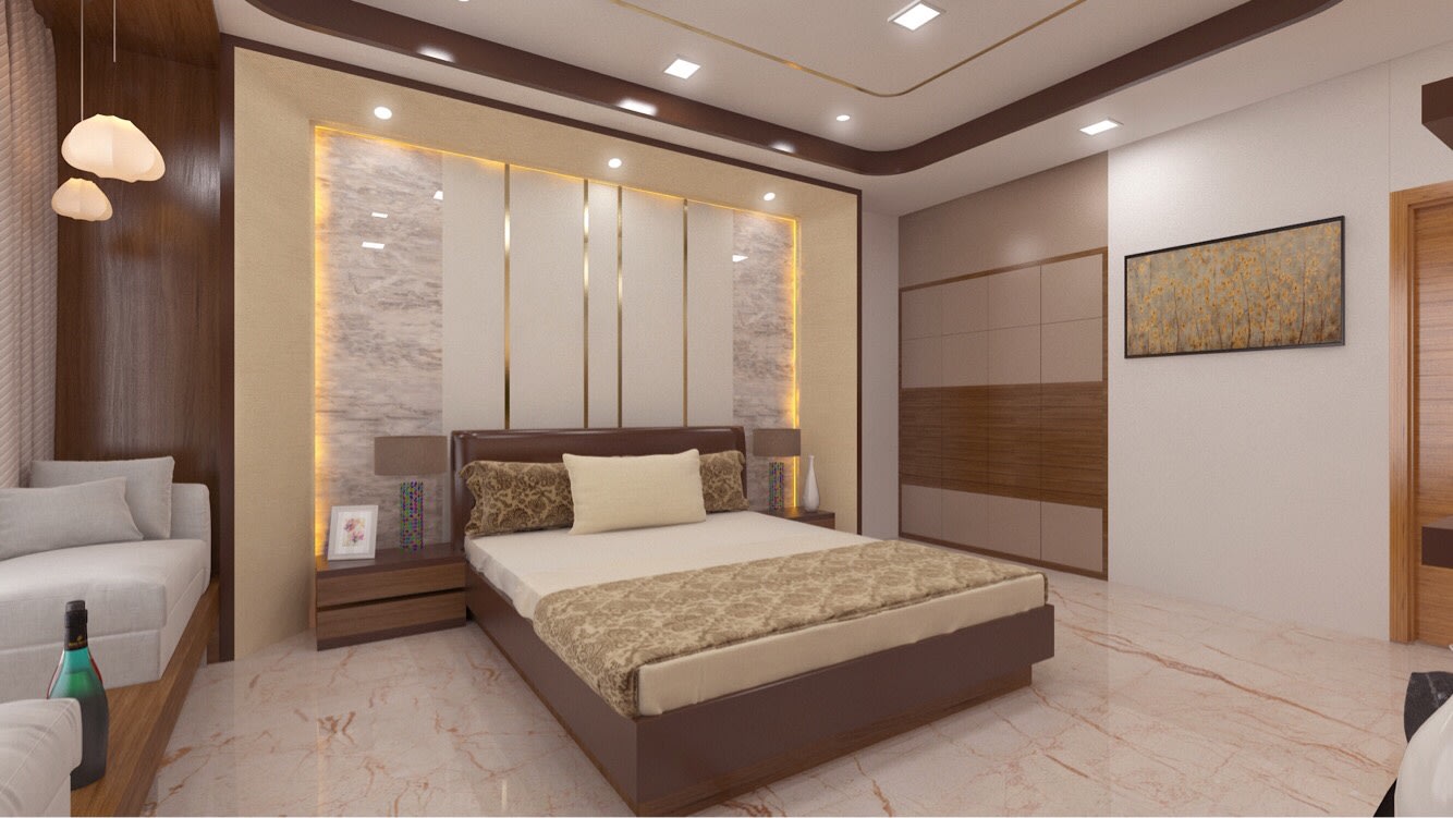 Low Rise Wooden Bed With Pendant Lights by Rimpy Shah Bedroom Contemporary | Interior Design Photos & Ideas