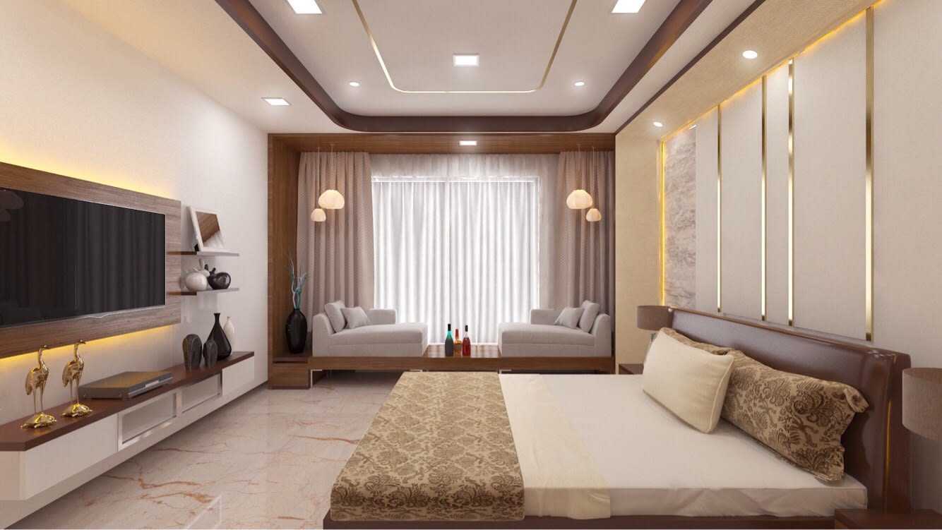 Bedroom With Metallic HeadCover And Touches Of Wood by Rimpy Shah Bedroom Contemporary | Interior Design Photos & Ideas