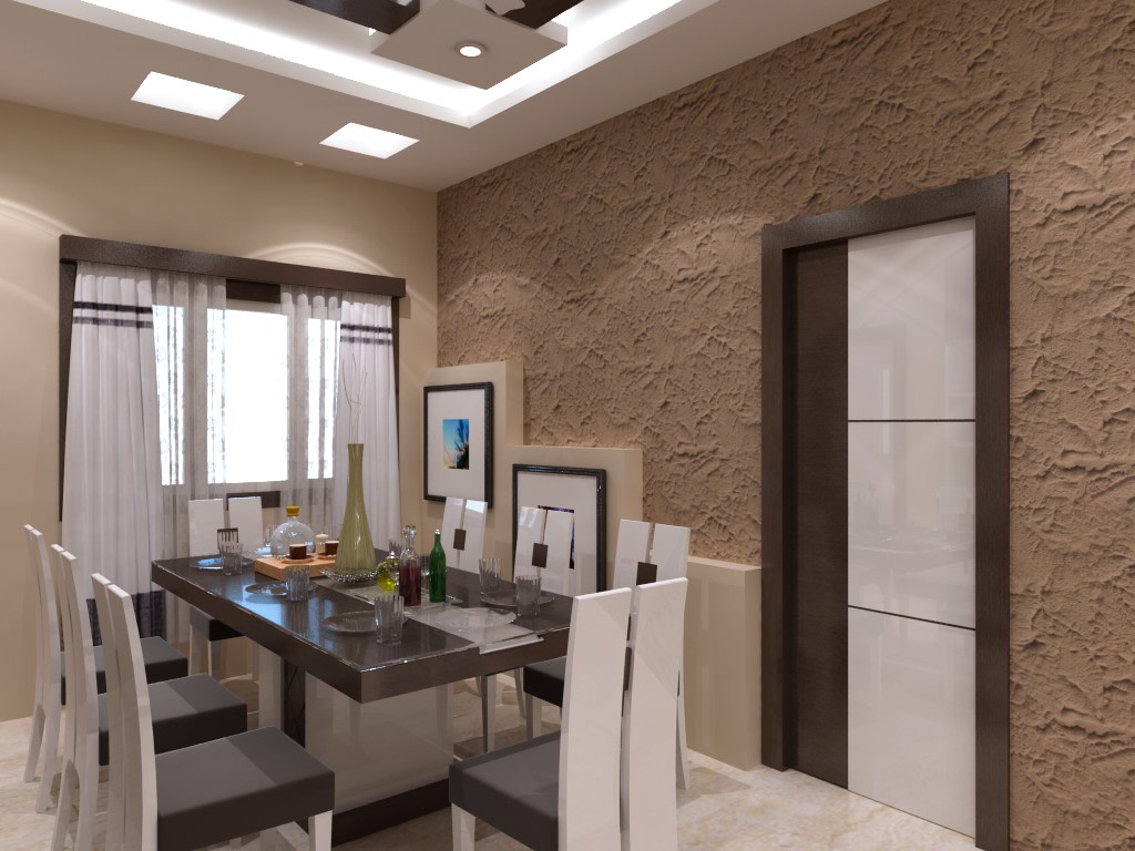 Dining Room With White Cushioned Chairs And Rough Wall by Mehak Seth Dining-room Contemporary | Interior Design Photos & Ideas