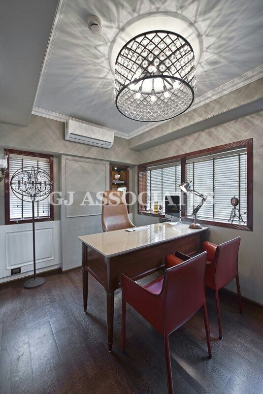 Wood Theme Office With Beige Armrest Chair and White Marble Table Top by Gaurang Jawle Modern | Interior Design Photos & Ideas