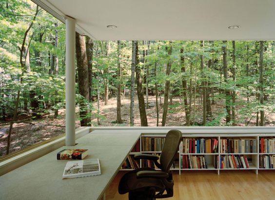 Study Area With Outdoor View And Book Shelf by Live Fabulous Indoor-spaces Modern | Interior Design Photos & Ideas