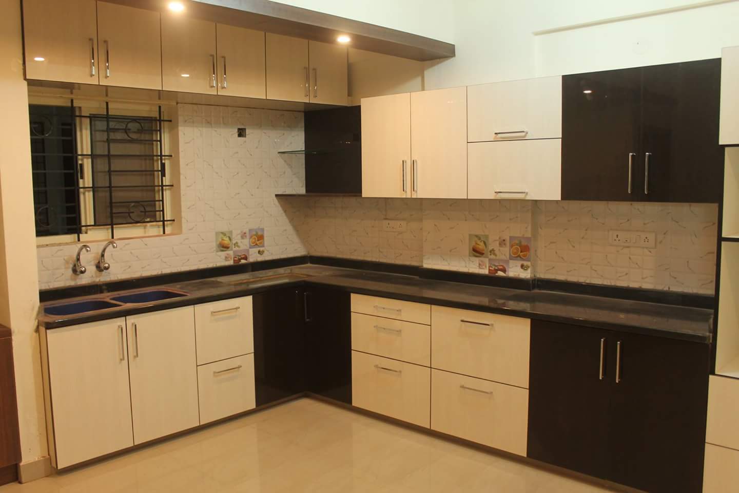 L Shaped Kitchen With White And Dark Brown Cabinets by Athul S Kumar